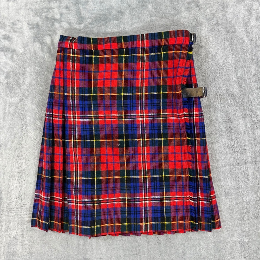Vintage Glen Avon Wool Tartan Kilt Skirt Women's Size 24 Red Blue Plaid Scotland
